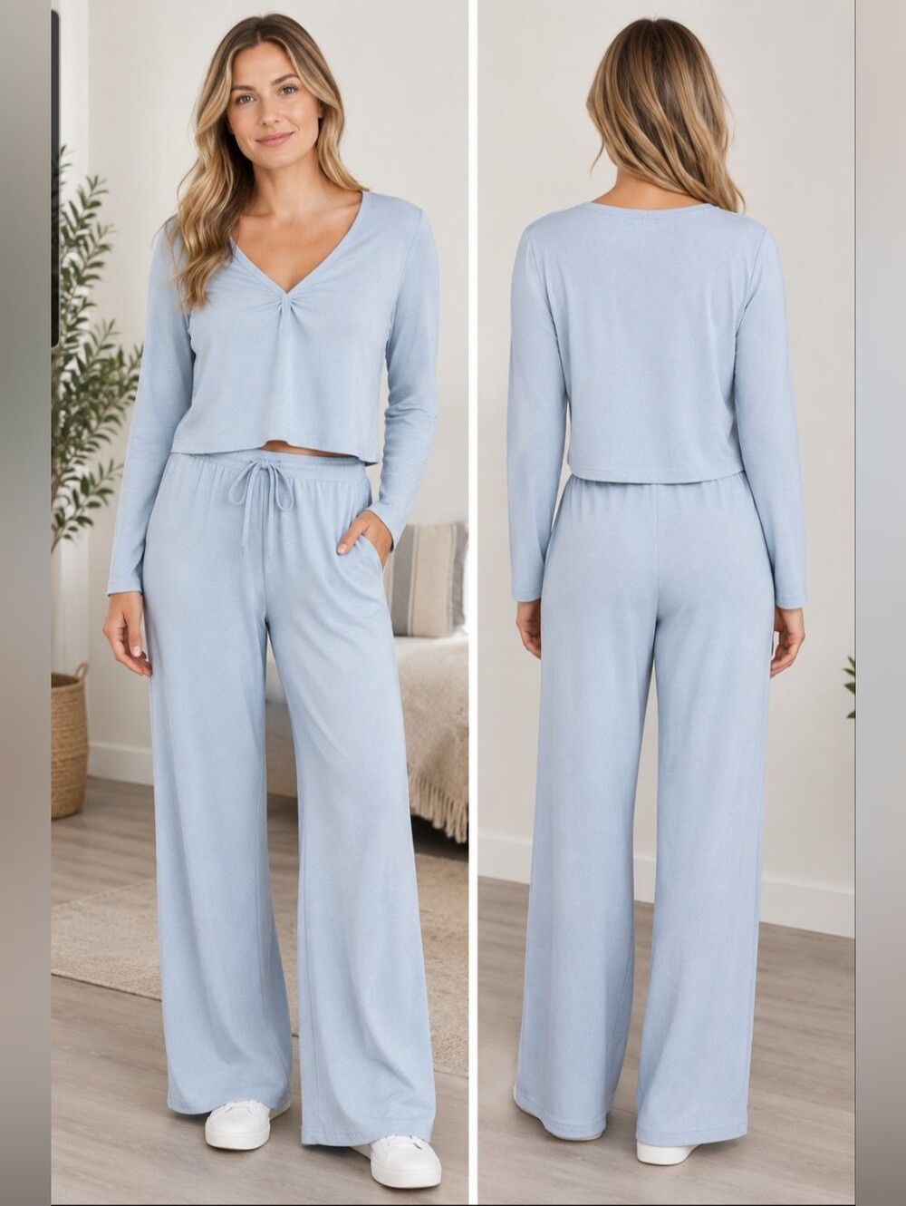 SHEIN Baby Blue Wide Leg 2 Piece Set with V-Neck Top. NWOT. Size L.